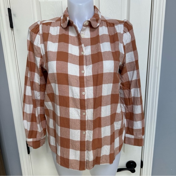LOFT Plaid Flannel Scoop Hem Peter Pan Collar Puff Shoulder Button down Shirt L - Picture 4 of 9